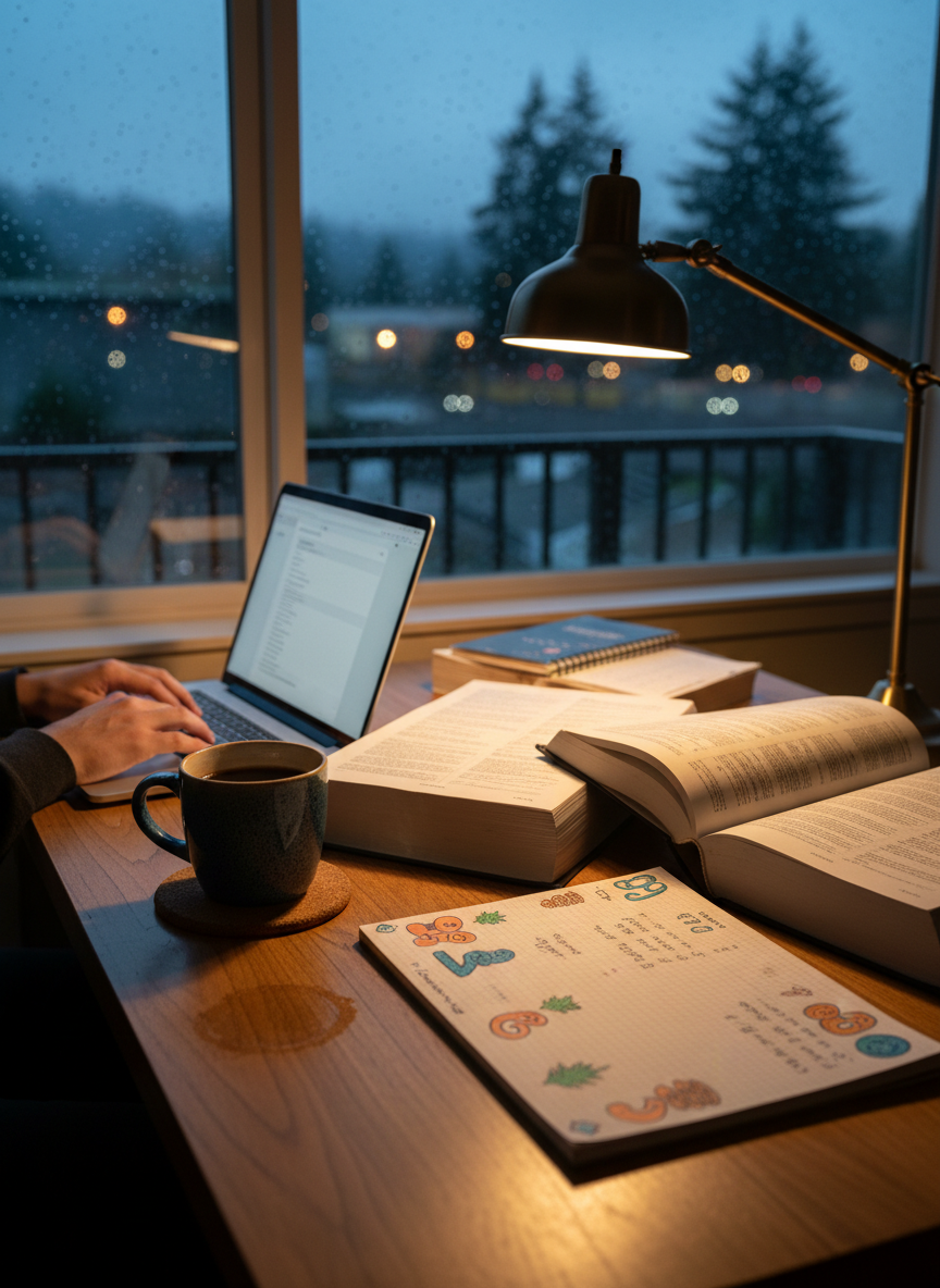 A neatly organized wooden desk in a cozy Pacific Northwest apartment at night, scattered with open tax code books, a slim modern laptop glowing softly, and a spiral notebook filled with colorful handwritten margin doodles of numbers and tiny fir trees. A sturdy ceramic mug of coffee, half-finished, sits on a cork coaster, a faint ring left beneath it. Outside the rain-streaked window, blurry city lights and the faint outline of evergreens fade into the dark. Warm desk-lamp light creates soft pools of illumination and gentle shadows, emphasizing the contrast between serious accounting materials and playful scribbles. Photographic realism, shot at eye level with shallow depth of field, making the workspace feel intimate, slightly cluttered, and warmly inviting, capturing the late-night, unwinding-while-working mood.