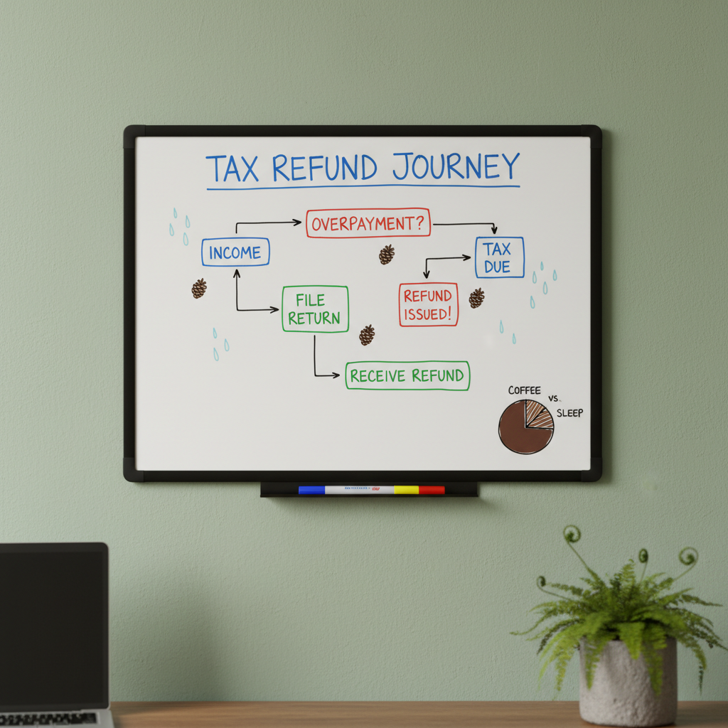 A minimalist whiteboard mounted on a matte sage-green wall, filled with a playful but precise flowchart explaining how a tax refund works, drawn in different ink colors with neat arrows, boxes, and tiny doodled raindrops and pinecones. At the bottom corner, a simple pie chart labeled “coffee vs sleep” is humorously skewed toward coffee. A slim tray at the base holds dry-erase markers arranged in a gradient. In the foreground, slightly out of focus, sits the corner of a laptop and a small potted fern in a concrete planter. Soft, indirect daylight from an unseen window washes across the scene, creating gentle, natural shadows. Photographic realism, shot straight-on with sharp focus on the whiteboard text, evoking a casual, home-office teaching moment that’s both informative and lighthearted.