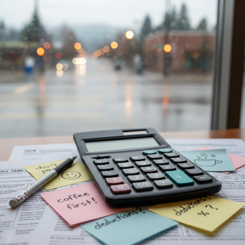 A close-up of a clean, matte-black calculator resting on a stack of lightly worn printed tax forms and pastel sticky notes, each note marked with playful, handwritten reminders like “don’t panic” and tiny drawn percentage signs. A mechanical pencil lies diagonally across the forms, graphite tip catching the light. The background shows a blurred view of a rainy Pacific Northwest street through a large office window, wet pavement glistening under streetlights. Soft, cool overcast daylight mixes with warm desk lighting, creating gentle reflections on the calculator buttons. Photographic realism, captured from a slightly elevated angle, with the calculator in sharp focus and the city outside turned into a smooth bokeh. The mood is calm, slightly humorous, and quietly focused, evoking the everyday reality of a young tax accountant’s desk.