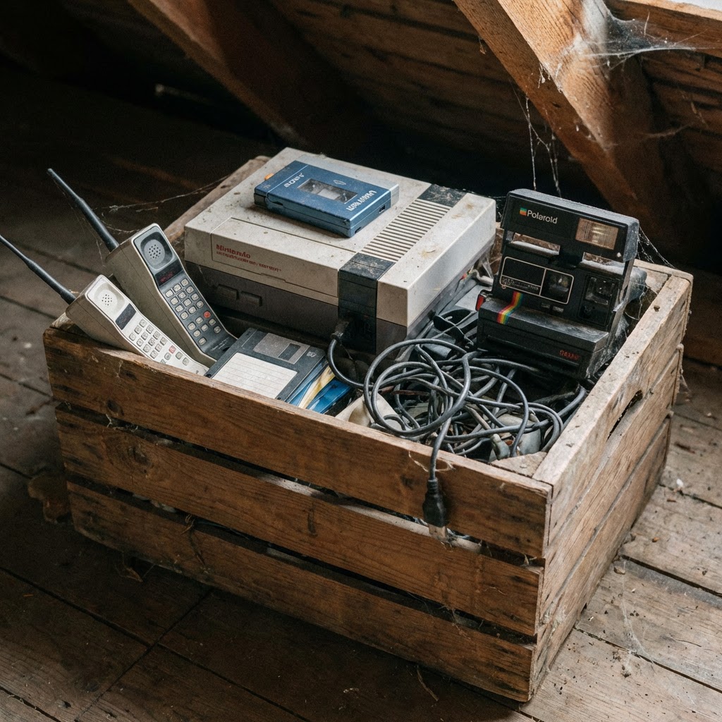 Wooden crate filled with vintage electronics like an NES console, Polaroid camera, and old phones.